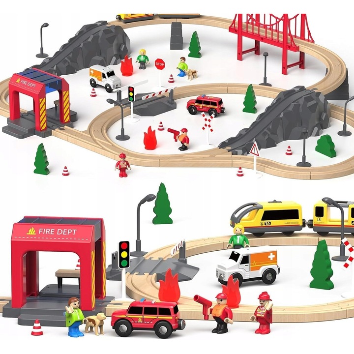 Set trenulete de jucarie din lemn, 72 elemente, tema de salvare, multicolor, 90x73x8,5cm