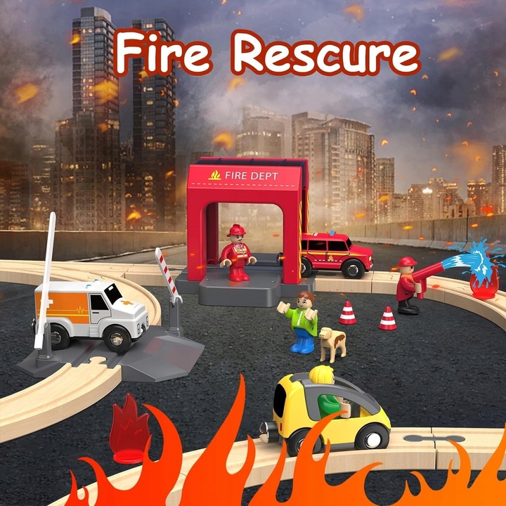 Set trenulete de jucarie din lemn, 72 elemente, tema de salvare, multicolor, 90x73x8,5cm