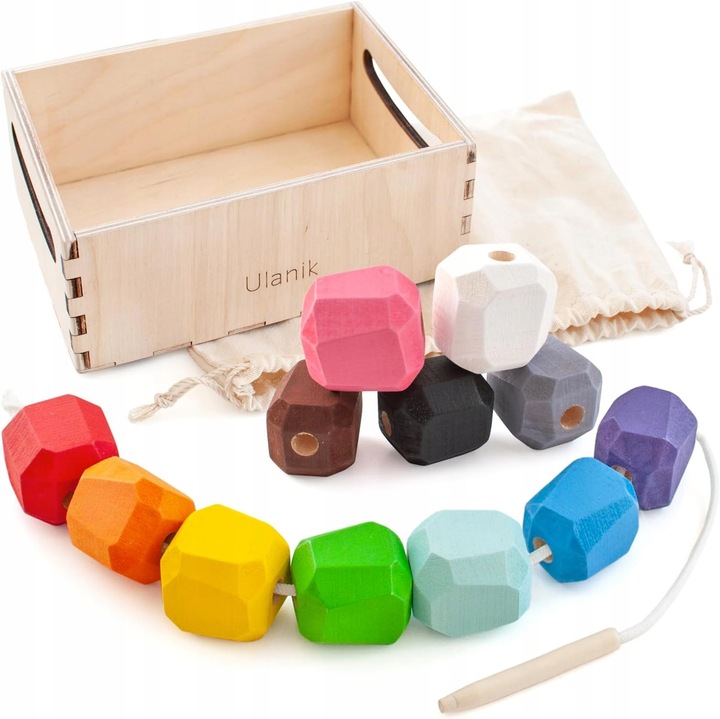 Set jucarie educativa Montessori, 12 corali din lemn, multicolor, cu snur si geanta din in, 3+ ani