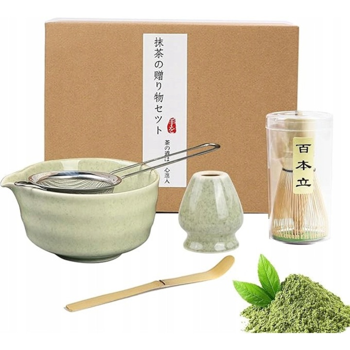 Set accesorii pentru prepararea matcha, Baieye, 5 piese, verde, 23x17,5x10,7cm