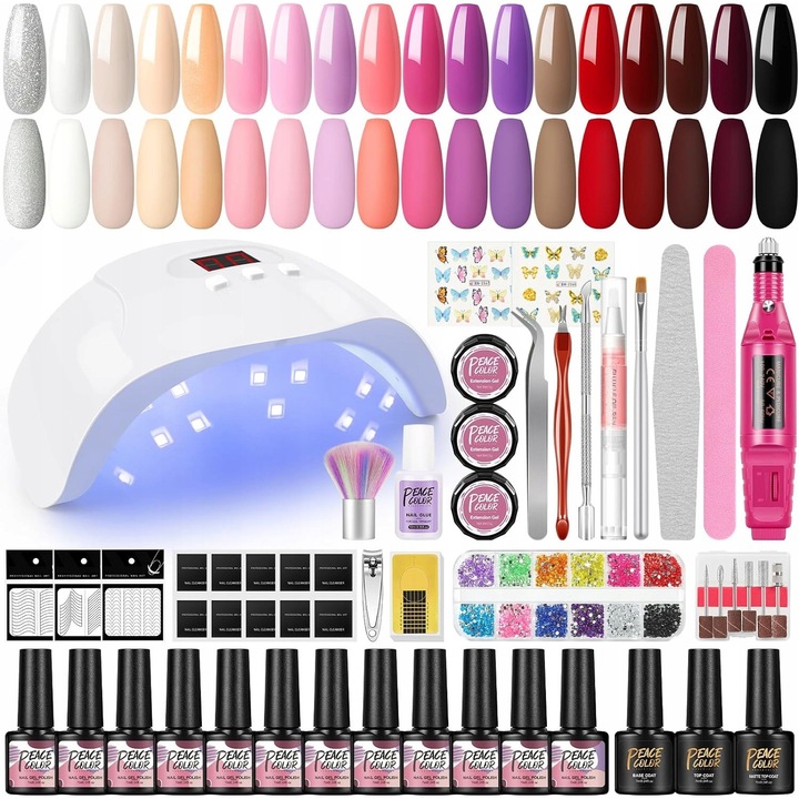 Комплект за нокти PEACECOLOR, 4 цветни гела 10 мл, UV лампа 36W, нокторезачка, аксесоари, многоцветен