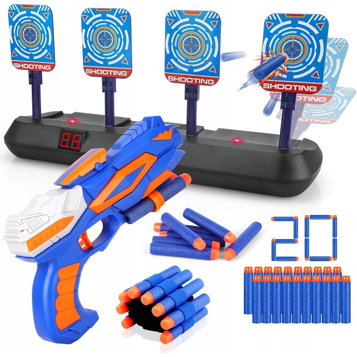 Set de joaca cu pistol si tinta electronica, 20 de proiectile, albastru, 33x4,3x11cm