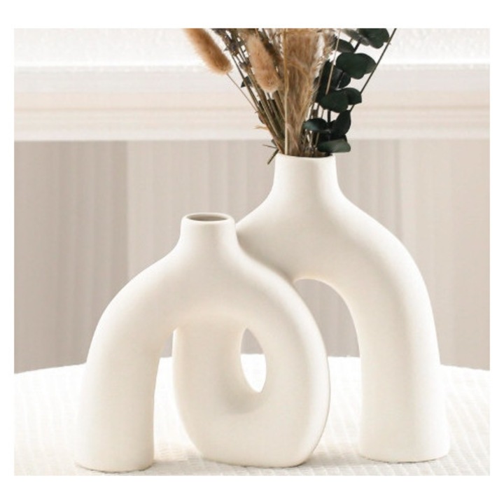Vaza ceramica 20 cm, design minimalist, forma rotunda, culoare naturala, set 1 bucata