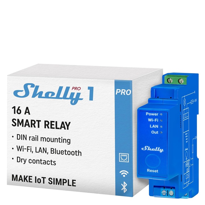 Lacat Shelly Pro 1, un canal, 16A, LAN, Wi-Fi, Bluetooth, montaj pe sina DIN