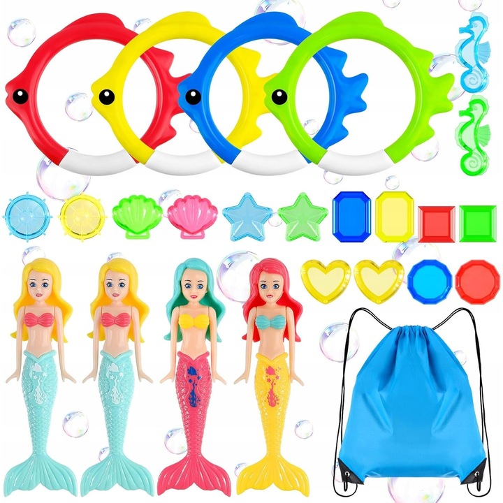 Комплект от 24 играчки за гмуркане за деца, безопасен материал, живи цветове, включена раница