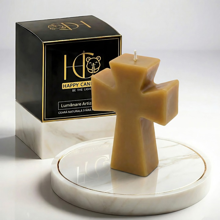 Свещ от естествен пчелен восък, Happy Candles, Кръст на надеждата, Дърво, Ръчна изработка, Великден, 85гр