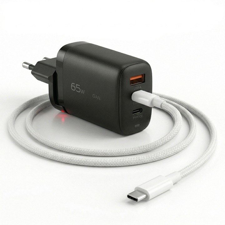 Incarcator Retea Wyred by Monga POWER 65CA-1M GaN 65W PD 3 Porturi, Cablu 1m 60W Braided, Negru-Alb