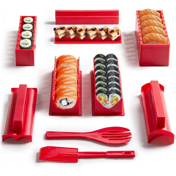 Set pentru prepararea sushi, 10 piese, forme diverse, rosu, 21x21x8cm