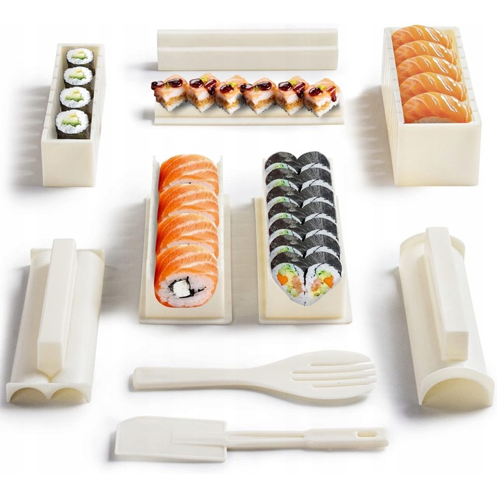 Set pentru prepararea sushi, 10 piese, forme diverse, plastic, bambus, 20x22x9cm