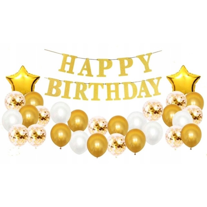 Комплект балони за рожден ден, 29 части, бяло-златен дизайн, с надпис "Happy Birthday"