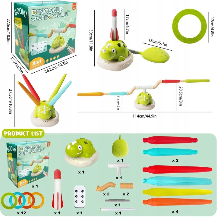 Interaktív 3 az 1-ben játék gyerekeknek, rakéta, karikadobás, dinoszaurusz design, 3 év+