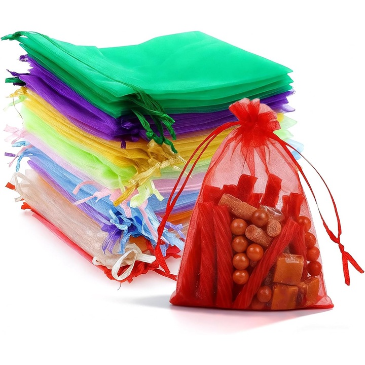 Комплект от 100 многоцветни торбички от органза 15x10 см за подаръци