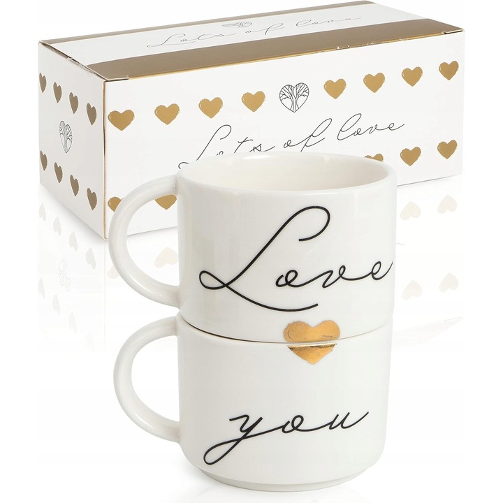 Set 2 cani ceramice cu mesajul Love You, 195 ml, ambalaj elegant