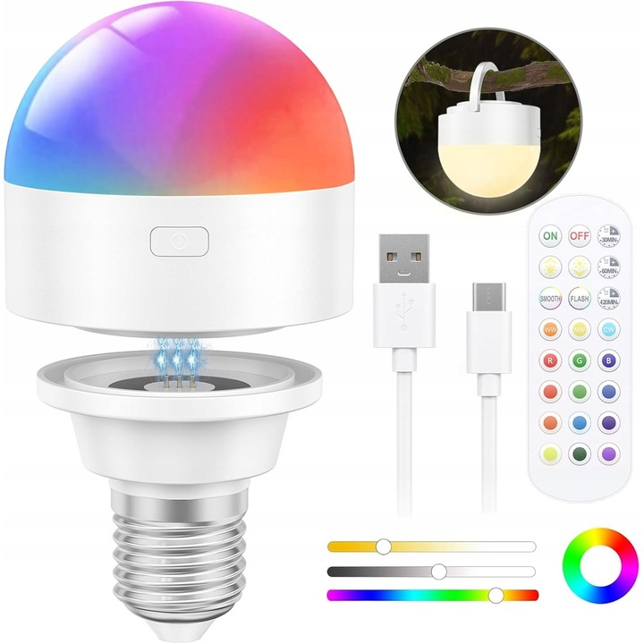 Bec LED E27 RGB 3W с батерия, USB-C, управление чрез дистанционно, аварийна светлина, магнитен монтаж