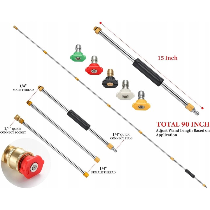 Set extensii pentru aparat de spalat cu presiune, 7,5 m, 6 duze, 10 bucati, inox, 2,6 m maxim