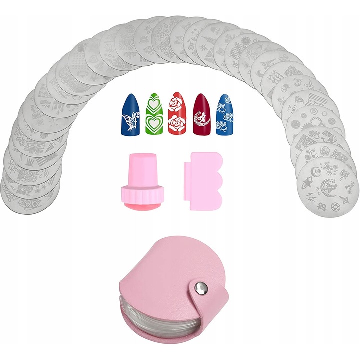 Комплект за щамповане на нокти Kurtzy, 30 плочки с различни дизайни, разнообразни цветове, включен калъф