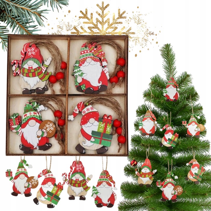 Set 12 Zawieszki Decorative din Lemn cu Motif Krasnale, 6,5x4,4cm