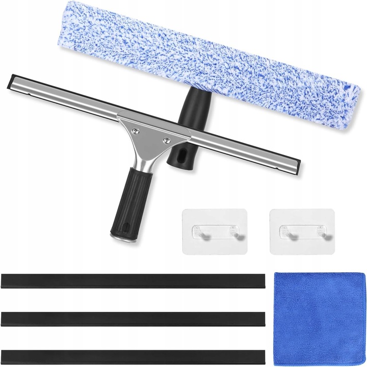 Set de curatare geamuri 8 in 1, stergator siliconic cu microfibra, negru-albastru, 35cm