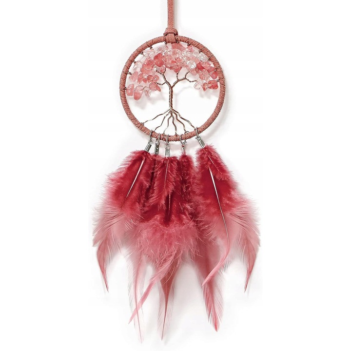 Decoratiune mica, Drzewo Zycia, cu pene, rosu, 7,5x22cm, pentru casa si masina