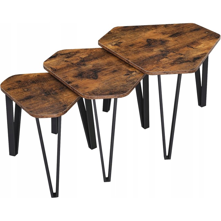 Комплект от 3 странични масички, винтидж дизайн, кафяв плот, черна рамка