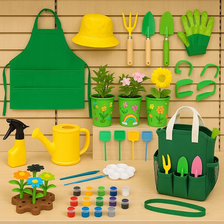 Set joaca gradinarit pentru copii, 10 accesorii, 4 ghivece, unelte, fara marca