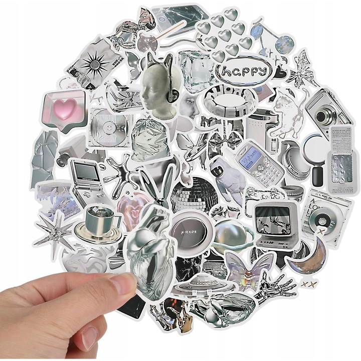 Set de stickere decorative vintage, 66 bucati, PVC, design estetic, reutilizabile, alb-negru