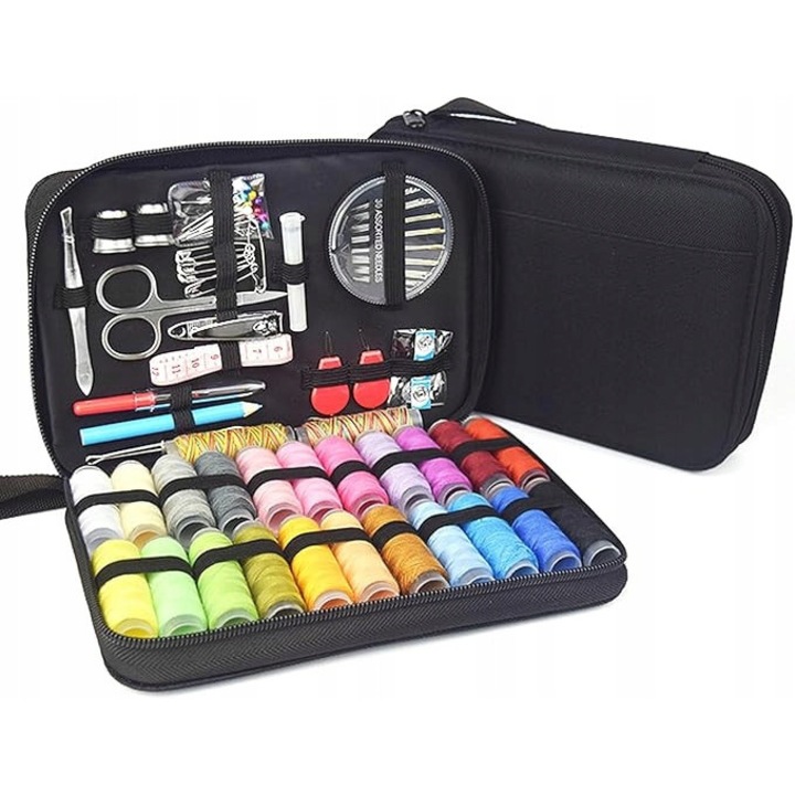 97 részes varrókészlet, kezdőknek és utazáshoz, fekete, kompakt