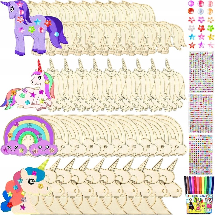 Set de decorare cu unicorni din lemn, 40 piese, diverse forme, pentru activitati creative, multicolor