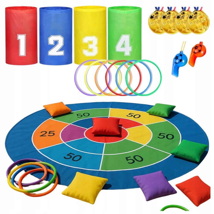 Set de jocuri in aer liber pentru copii, ring toss, saci de sarit, medalii, 6x6cm, multicolor