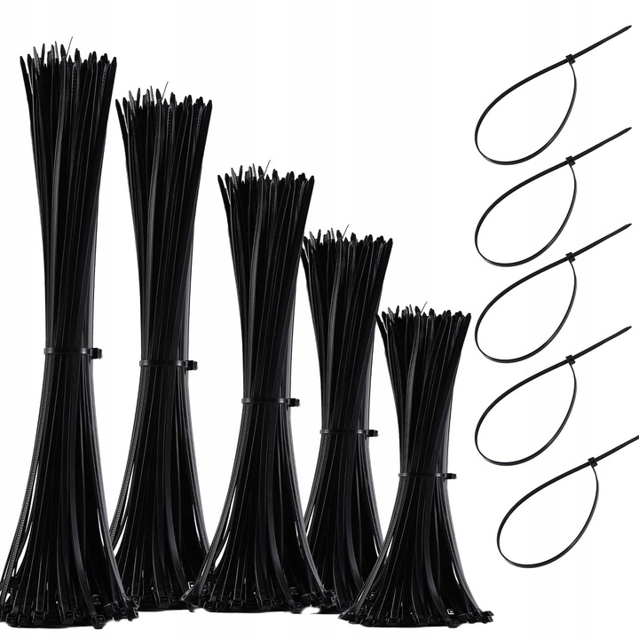 Set legaturi cabluri, 1000 bucati, rezistente la UV, negre, dimensiuni variate 100x2,5mm, 150x2,5mm, 200x3,6mm, 250x3,6mm, 300x3,6mm