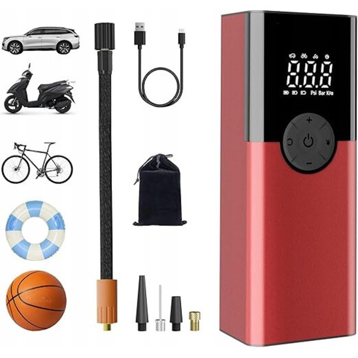 Compresor auto 6000 mAh 150 PSI cu display digital si iluminare de urgenta, rosu