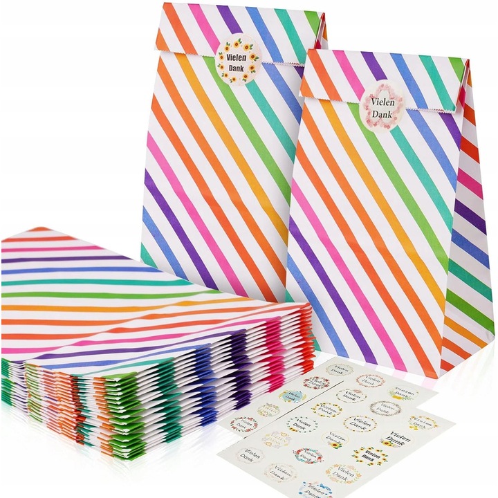 Set 30 pungi de hartie pentru ambalarea cadourilor, alb cu dungi curcubeu, 24x13x8cm