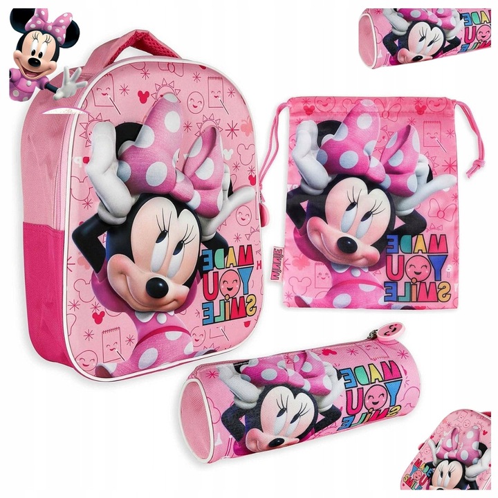 Set scolar 3 in 1, rucsac 3D, torba pentru gustari, penita Miki Mouse, roz, 26x31x10cm