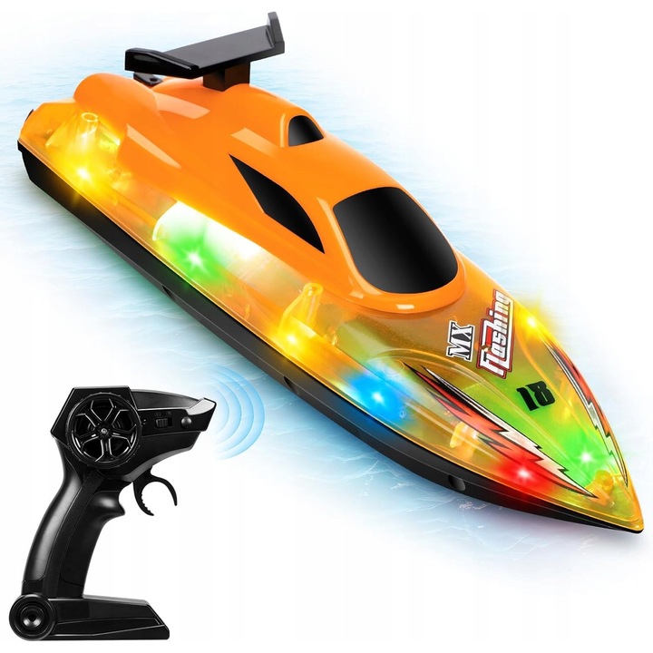 Лодка с дистанционно управление, 2,4 GHz, LED, жълта, 32,5x9,5x8 см, комплект с две батерии