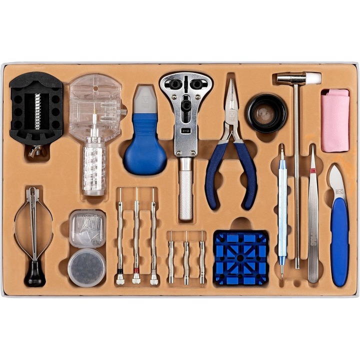 Set de unelte pentru repararea ceasurilor, 155 piese, universal, cutie de transport