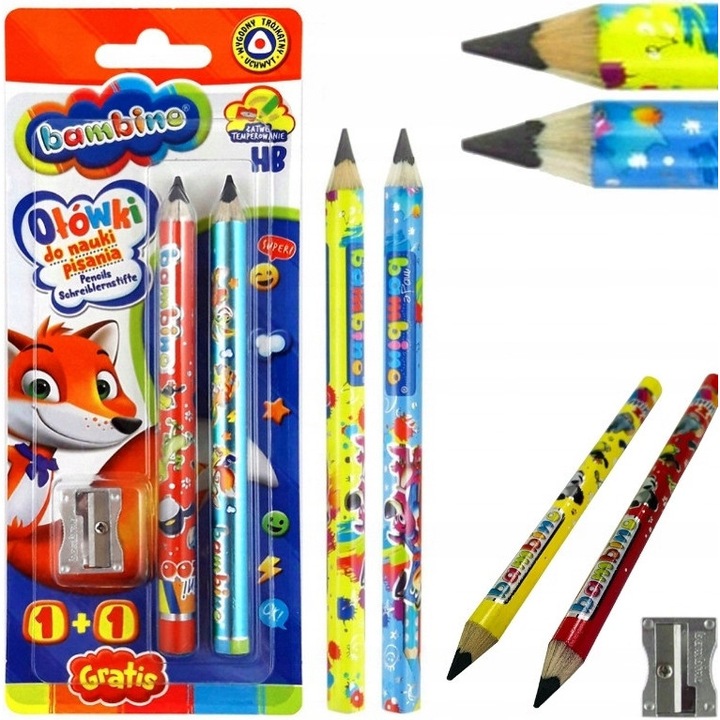 Set creioane Bambino HB 2 bucati + ascutitoare, ergonomice, 5,3mm, 15cm, lemn de tei