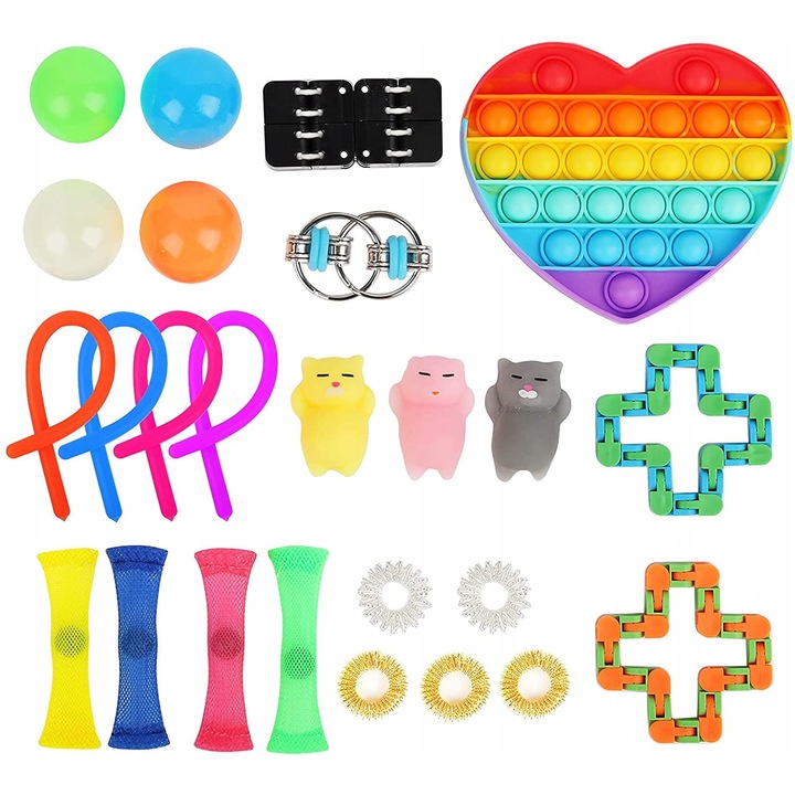 Set de Jucarii Interactive Antistres Fidget Pop-It, 21 Elemente, Multicolor, Dimensiuni Portabile