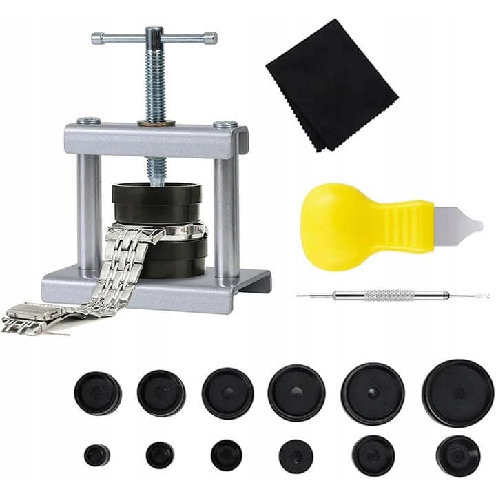 Set de unelte pentru repararea ceasurilor, 16 piese, pentru cadrane rotunde 17-46 mm, cu presa si forme duble
