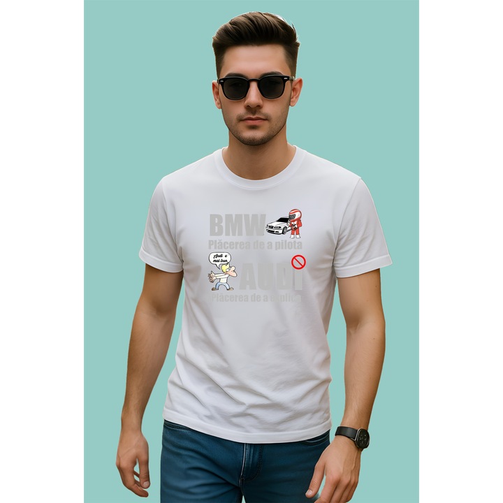Tricou Bmw Audi Mesaj Funny, Barbat, 100% Bumbac, Cri-Flo, Cadou Aniversare Evenimente, Culoare Alb, Marime S