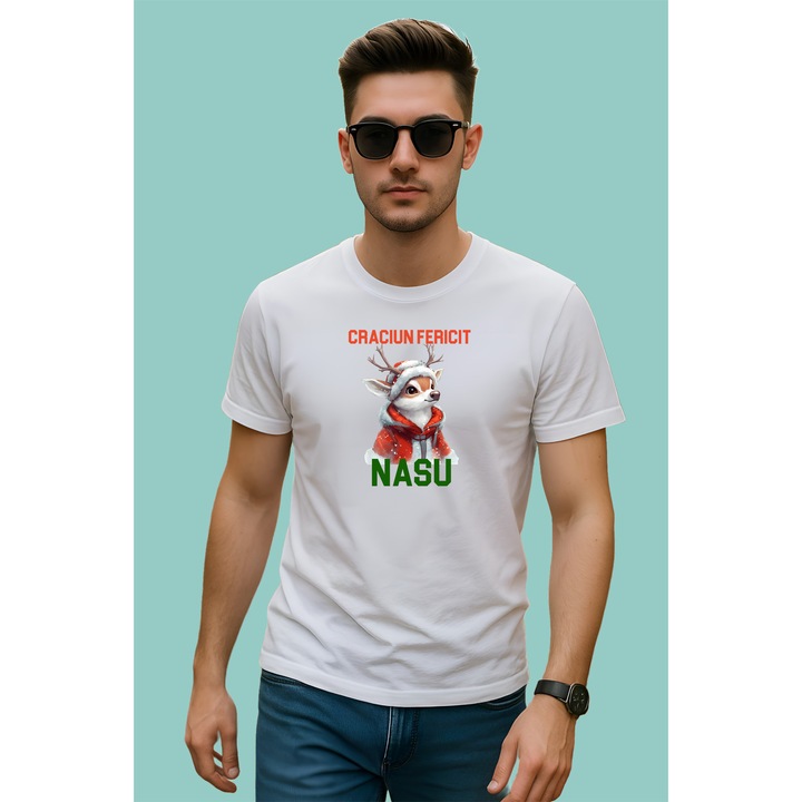Tricou Craciun Fericit Nasu Ren Ilustratie, Barbat, 100% Bumbac, Cri-Flo, Cadou Aniversare Evenimente, Culoare Alb, Marime 2XL