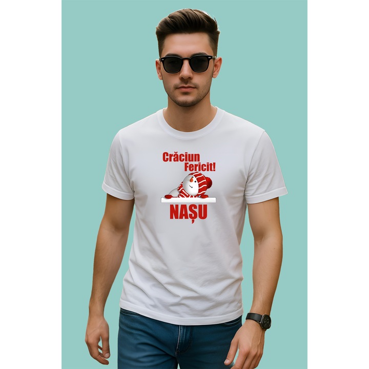 Tricou Craciun Fericit Nasu Model Trei, Barbat, 100% Bumbac, Cri-Flo, Cadou Aniversare Evenimente, Culoare Alb, Marime M