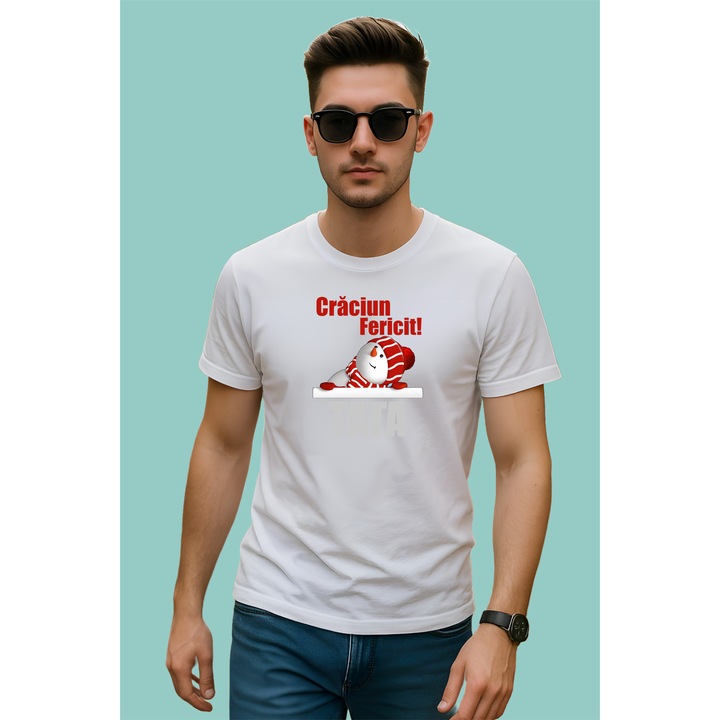 Tricou Craciun Fericit Tata Model Simplu, Barbat, 100% Bumbac, Cri-Flo, Cadou Aniversare Evenimente, Culoare Alb, Marime S