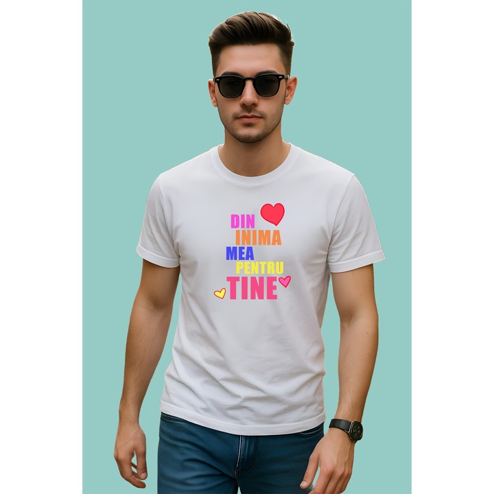 Tricou Din Inima Mea Pentru Tine Mesaj Universal, Barbat, 100% Bumbac, Cri-Flo, Cadou Aniversare Evenimente, Culoare Alb, Marime S