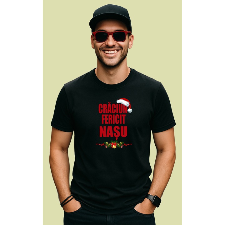 Tricou Craciun Fericit Nasu Decor, Barbat, 100% Bumbac, Cri-Flo, Cadou Aniversare Evenimente, Culoare Negru, Marime S
