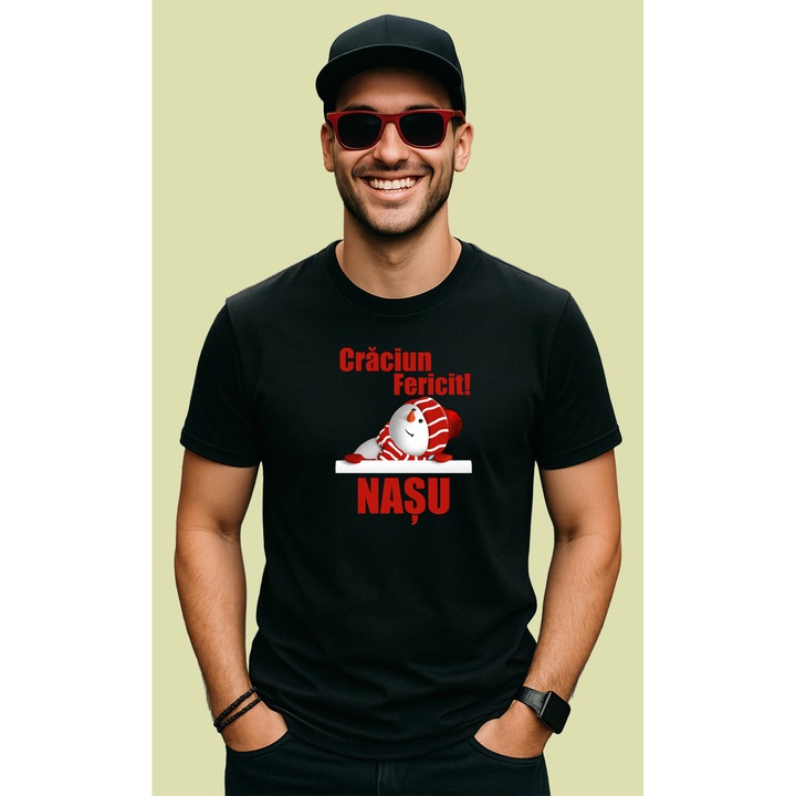 Tricou Craciun Fericit Nasu Model Trei, Barbat, 100% Bumbac, Cri-Flo, Cadou Aniversare Evenimente, Culoare Negru, Marime 3XL