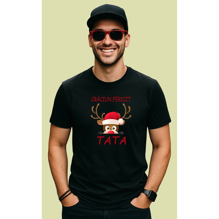 Tricou Craciun Fericit Tata Ren, Barbat, 100% Bumbac, Cri-Flo, Cadou Aniversare Evenimente, Culoare Negru, Marime XL
