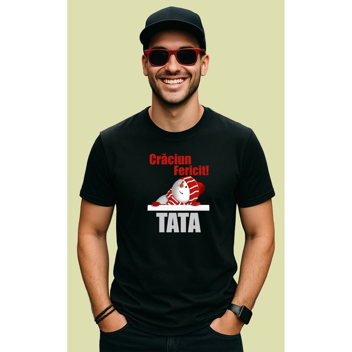 Tricou Craciun Fericit Tata Model Simplu, Barbat, 100% Bumbac, Cri-Flo, Cadou Aniversare Evenimente, Culoare Negru, Marime L
