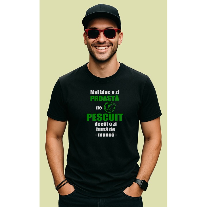 Tricou Mai Bine O Zi Proasta De Pescuit Decat O Zi Buna De Munca, Barbat, 100% Bumbac, Cri-Flo, Cadou Aniversare Evenimente, Culoare Negru, Marime S