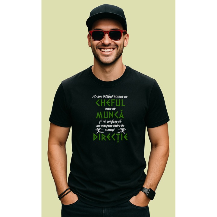 Tricou M-Am Intalnit Acuma Cu Cheful Meu De Munca Si Va Confirm Ca Nu Mergem Deloc In Aceeasi Directie, Barbat, 100% Bumbac, Cri-Flo, Cadou Aniversare Evenimente, Culoare Negru, Marime S