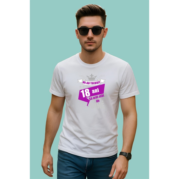 Tricou Mi Au Trebuit 18 Ani Bine Mov, Barbat, 100% Bumbac, Cri-Flo, Cadou Aniversare Evenimente, Culoare Alb, Marime L